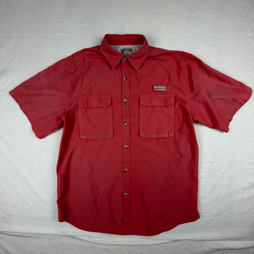 Realtree Mens XL Red Short Sleeve Fishing Shirt Button Up Ventilated Pockets
